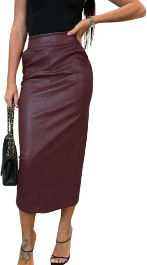 utcoco Womens Long Faux Leather Skirt Bodycon High Waist Slim Pencil Midi Skirt with Pockets