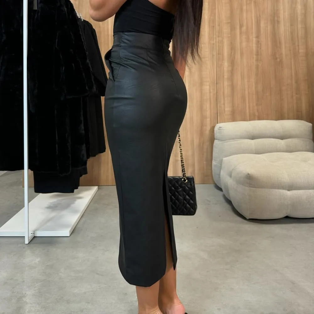 utcoco Womens Long Faux Leather Skirt Bodycon High Waist Slim Pencil Midi Skirt with Pockets