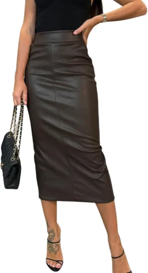 utcoco Womens Long Faux Leather Skirt Bodycon High Waist Slim Pencil Midi Skirt with Pockets