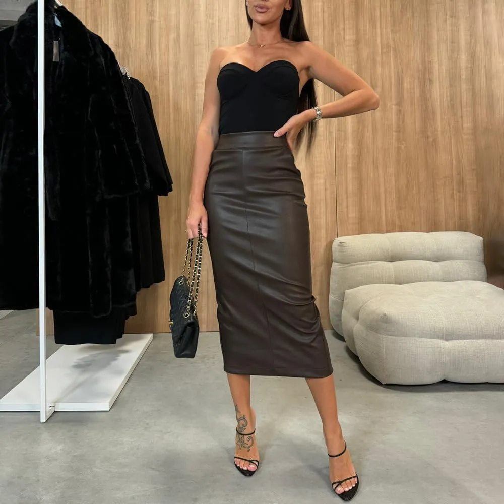 utcoco Womens Long Faux Leather Skirt Bodycon High Waist Slim Pencil Midi Skirt with Pockets