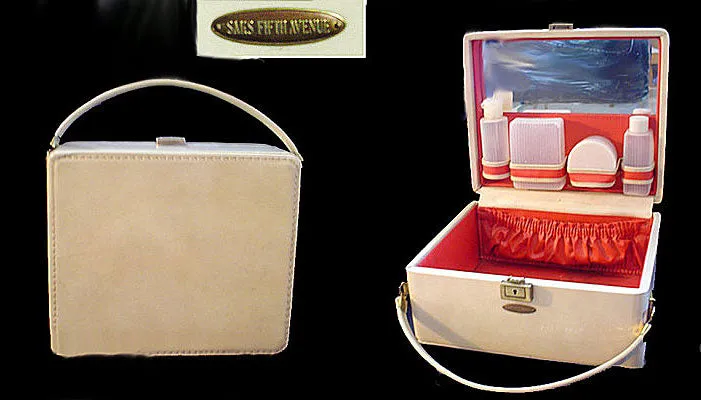 VINTAGE CHIC SAKS FIFTH AVENUE COSMETIC OVERNIGHT TRAIN CASE W COSMETIC CONTAINERS