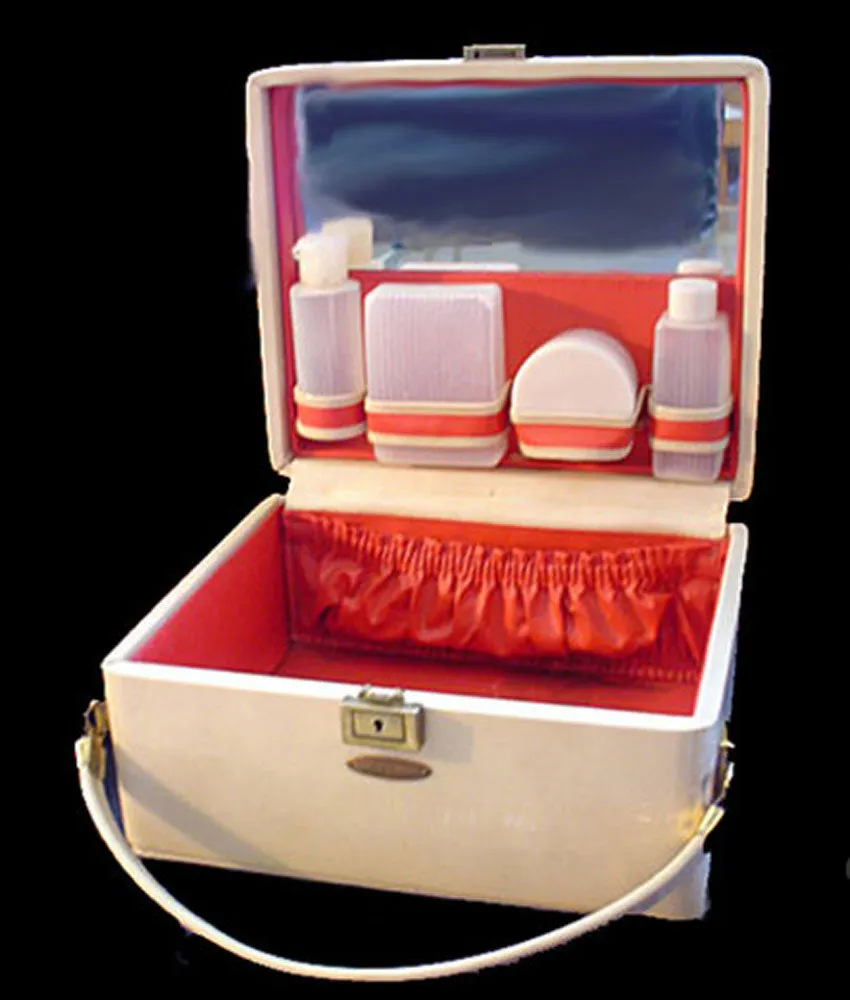 VINTAGE CHIC SAKS FIFTH AVENUE COSMETIC OVERNIGHT TRAIN CASE W COSMETIC CONTAINERS