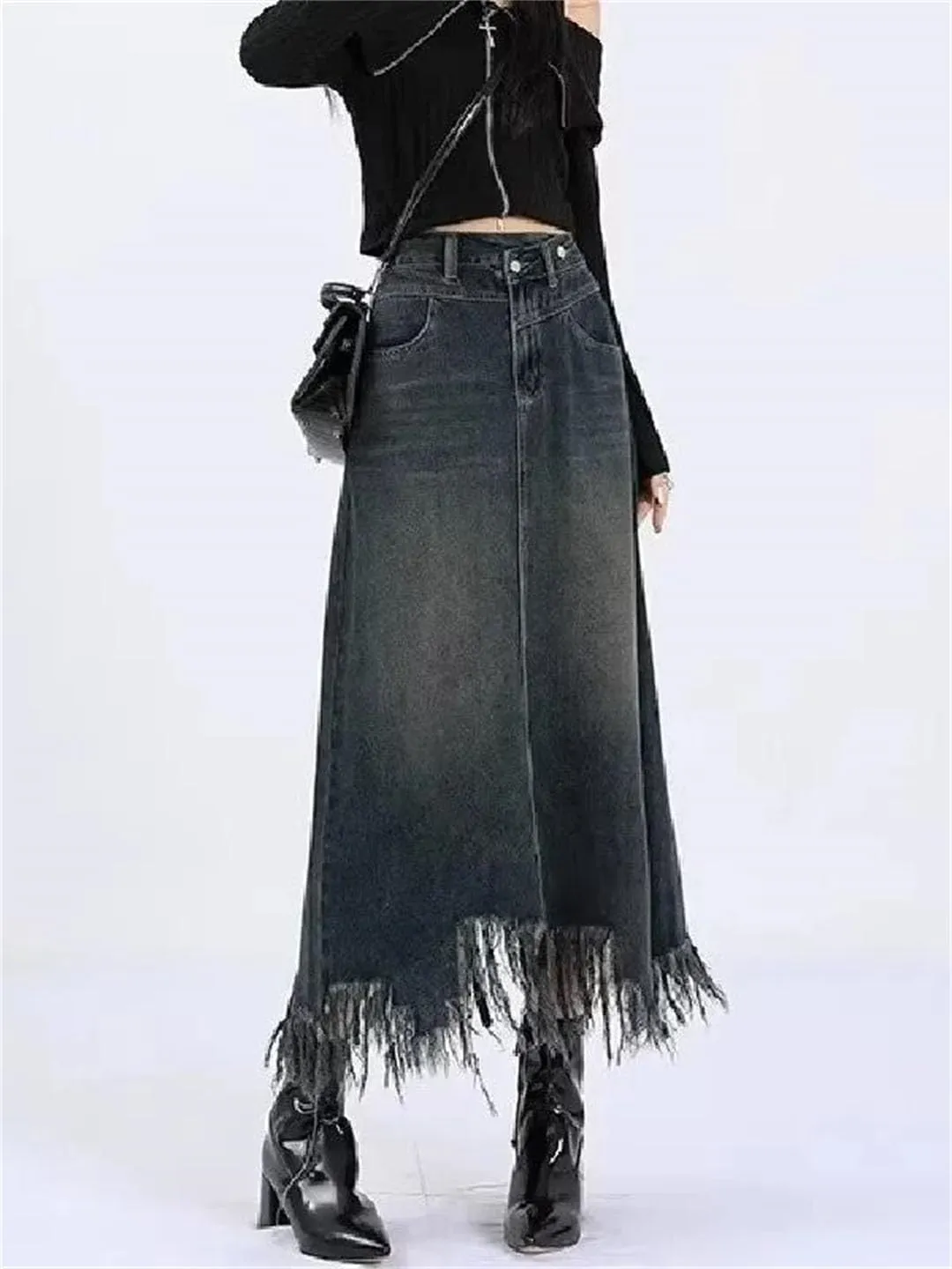 Vintage High-Waisted Denim Skirt for Women Spring Autumn Fashionable Unique Slimming Petite Side Slit Fringe A- Line Skirt