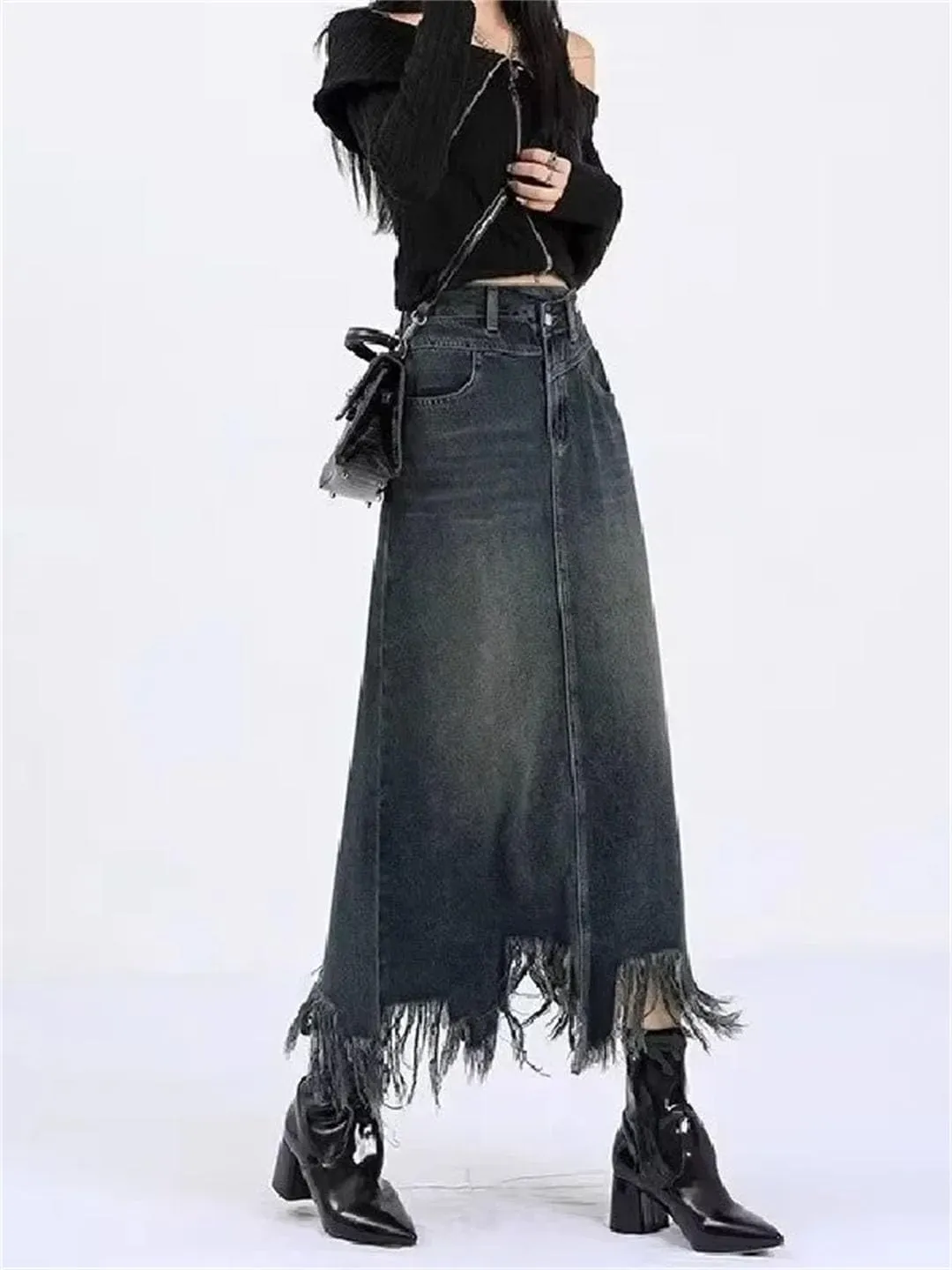 Vintage High-Waisted Denim Skirt for Women Spring Autumn Fashionable Unique Slimming Petite Side Slit Fringe A- Line Skirt