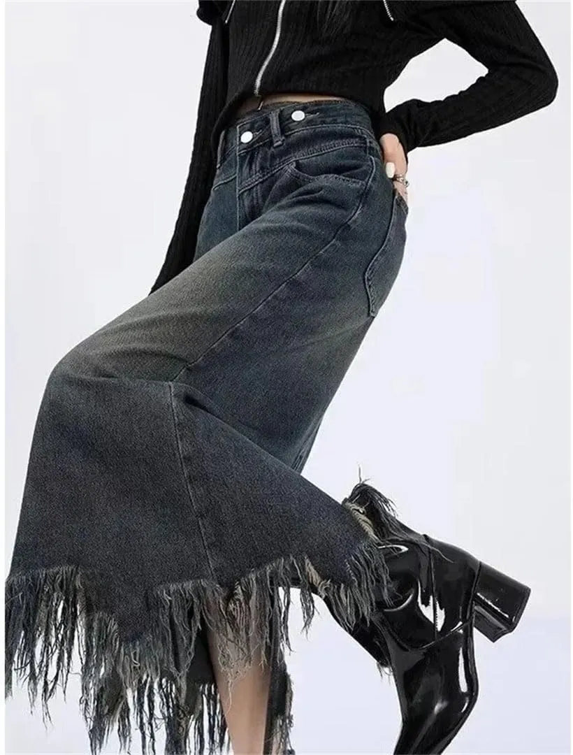 Vintage High-Waisted Denim Skirt for Women Spring Autumn Fashionable Unique Slimming Petite Side Slit Fringe A- Line Skirt