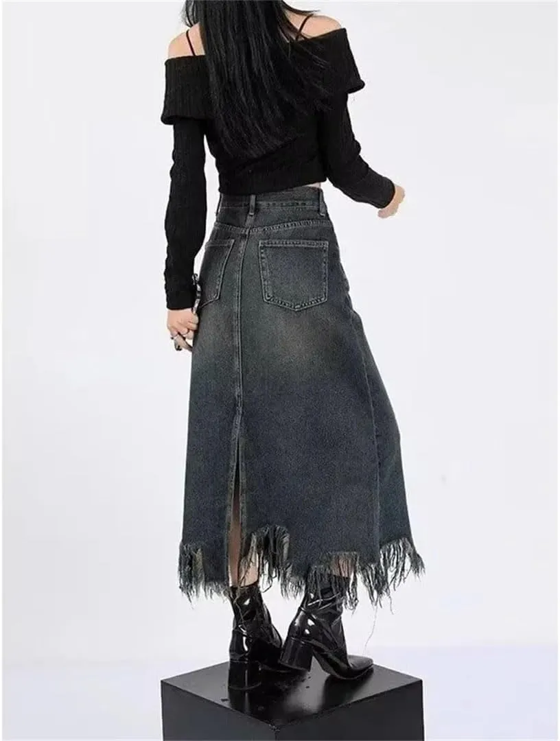 Vintage High-Waisted Denim Skirt for Women Spring Autumn Fashionable Unique Slimming Petite Side Slit Fringe A- Line Skirt