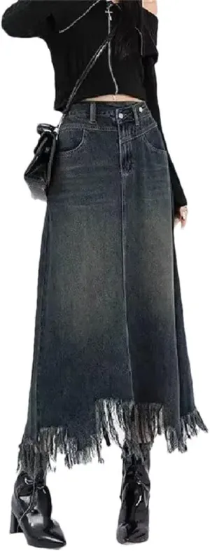 Vintage High-Waisted Denim Skirt for Women Spring Autumn Fashionable Unique Slimming Petite Side Slit Fringe A- Line Skirt