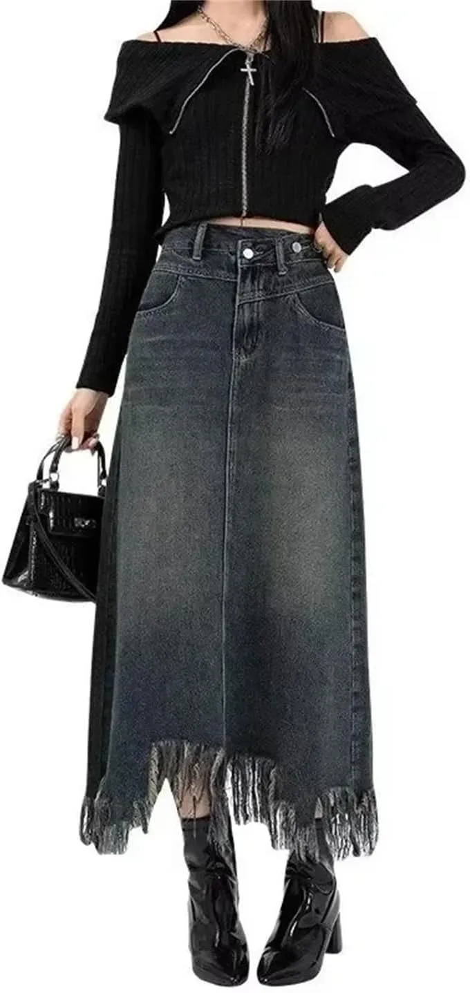 Vintage High-Waisted Denim Skirt for Women Spring Autumn Fashionable Unique Slimming Petite Side Slit Fringe A- Line Skirt
