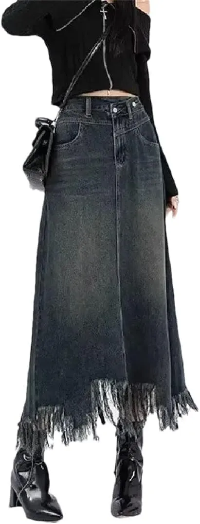 Vintage High-Waisted Denim Skirt for Women Spring Autumn Fashionable Unique Slimming Petite Side Slit Fringe A- Line Skirt