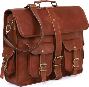 Vintage Leather Laptop Bag for Men - Full Grain Large Messenger Bag 18 Inches With Rustic Look - Best Brown Briefcase