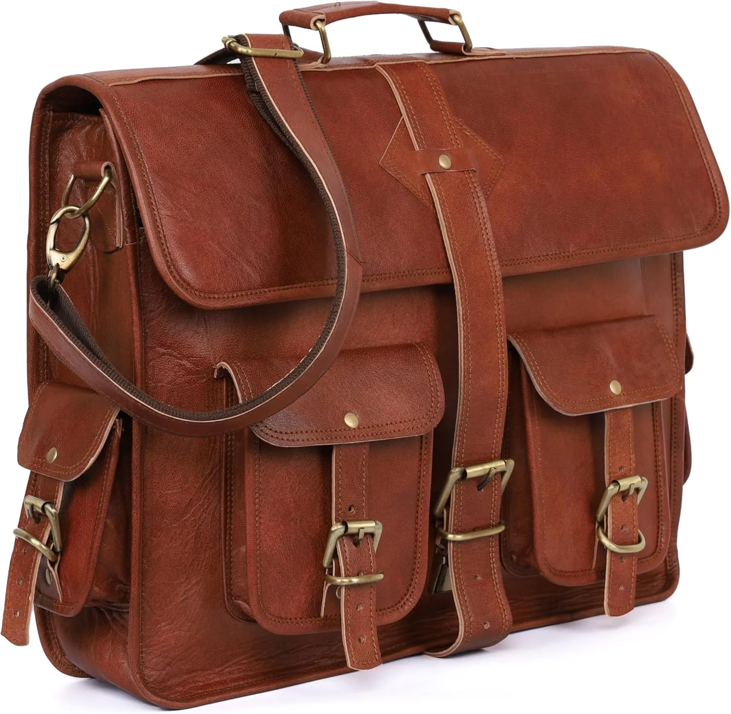 Vintage Leather Laptop Bag for Men - Full Grain Large Messenger Bag 18 Inches With Rustic Look - Best Brown Briefcase