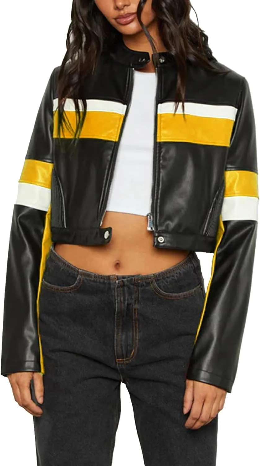 VOIKERDR Cropped Jacket Women Black Faux Leather Jacket Trendy Zip Up Motorcycle Jackets Outerwear Y2K Clothes