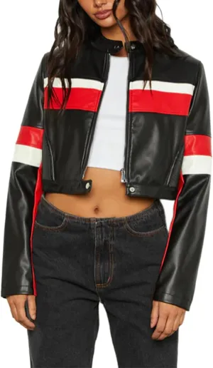 VOIKERDR Cropped Jacket Women Black Faux Leather Jacket Trendy Zip Up Motorcycle Jackets Outerwear Y2K Clothes