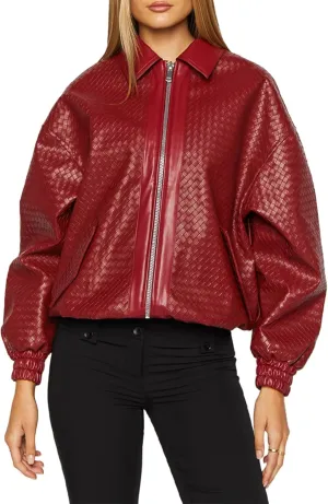 VOIKERDR Red Leather Jacket Women Trendy Zip Up Jackets Faux Leather Jacket Moto Coat Winter Outfits