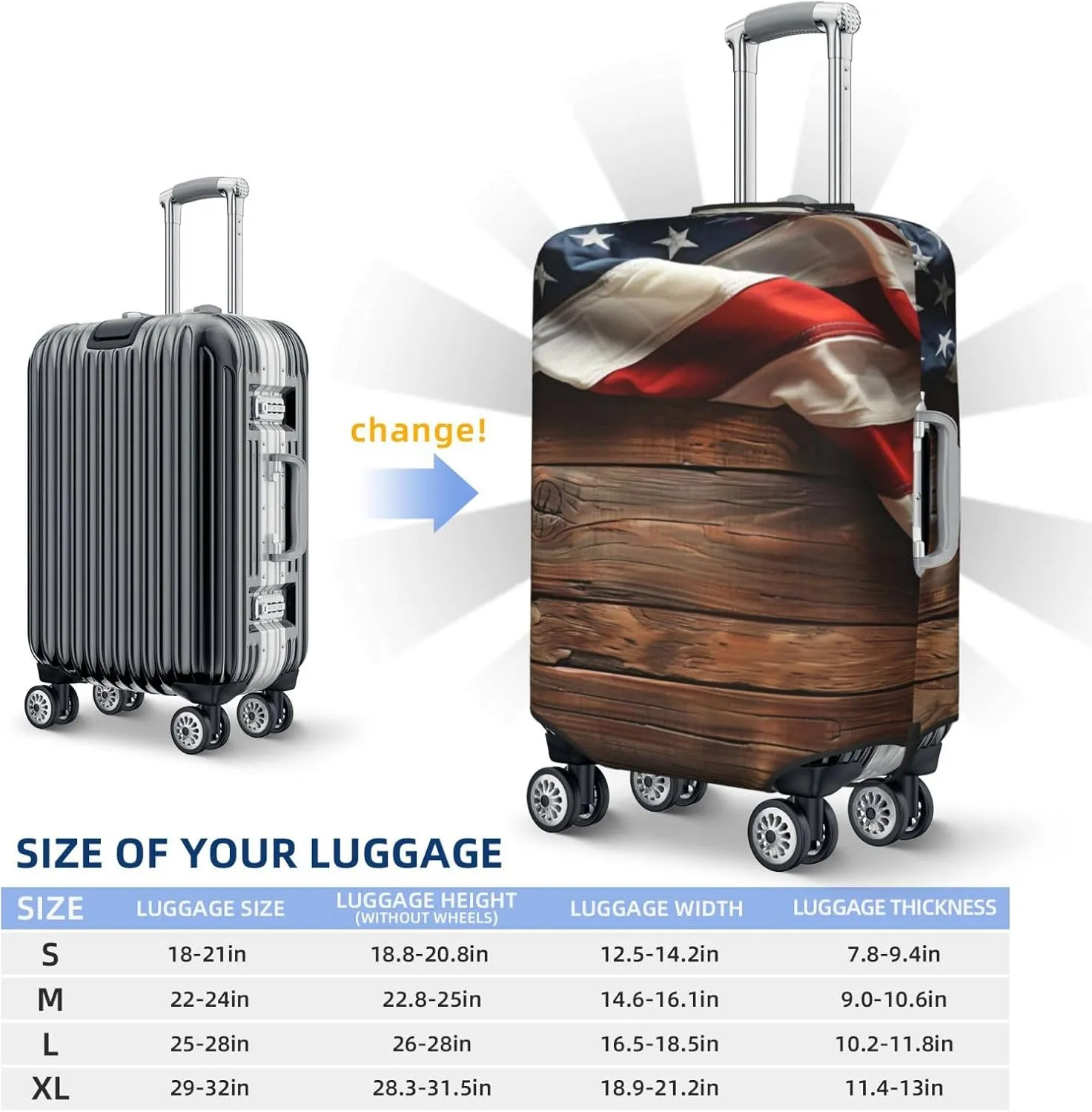 VOSERY Luggage Cover Protector Suitcase Cover - Rustic American Flag Wood High Elasticity Suitcase Cover for Luggage