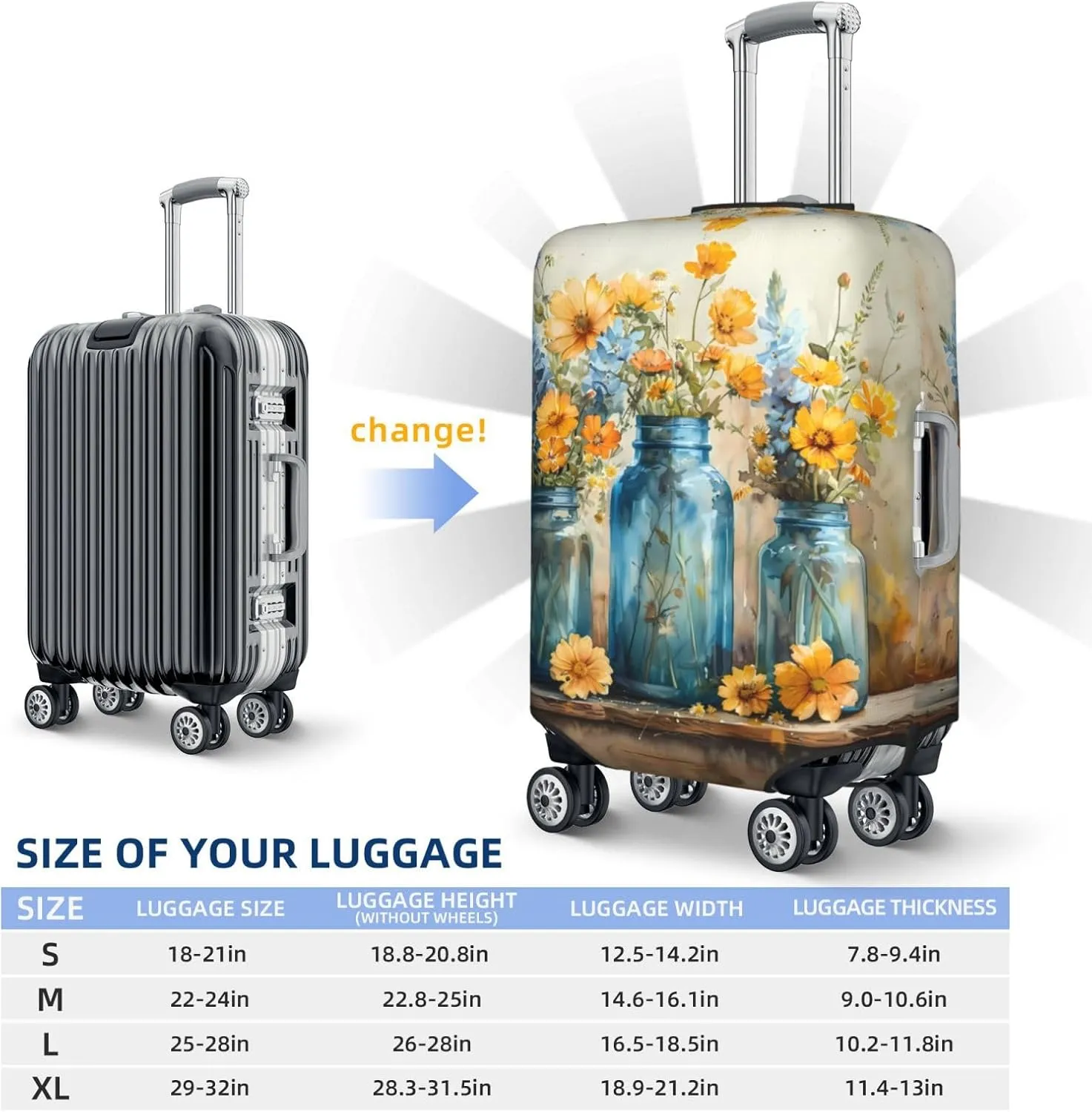 VOSERY Luggage Cover Protector Suitcase Cover - Rustic Blue Vase Blossoms High Elasticity Suitcase Cover for Luggage