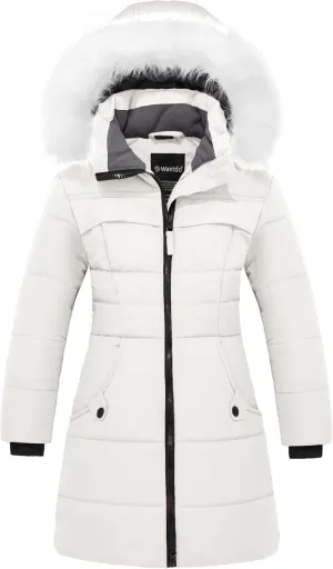 wantdo Girl's Winter Coat Waterproof Long Puffer Jacket Warm Parka with Faux Fur Hood