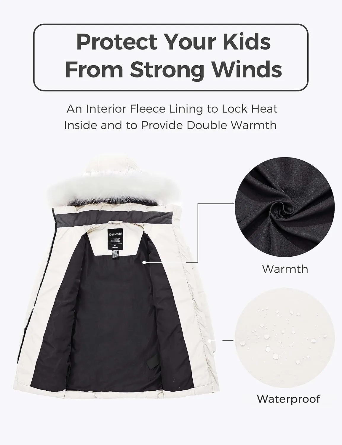 wantdo Girl's Winter Coat Waterproof Long Puffer Jacket Warm Parka with Faux Fur Hood