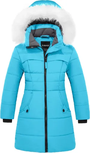 wantdo Girl's Winter Coat Waterproof Long Puffer Jacket Warm Parka with Faux Fur Hood