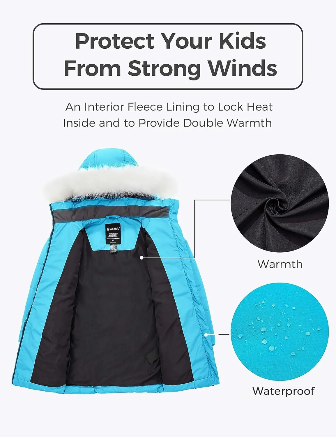 wantdo Girl's Winter Coat Waterproof Long Puffer Jacket Warm Parka with Faux Fur Hood