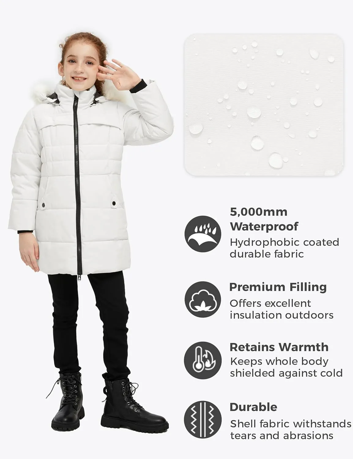 wantdo Girl's Winter Coat Waterproof Long Puffer Jacket Warm Parka with Faux Fur Hood