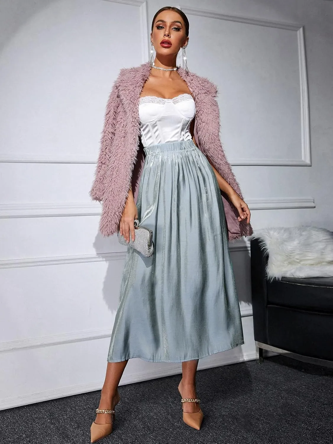 WDIRARA Women's Elastic Waist High Rise Pleated Skirt Shiny Sparkle Midi Skirt