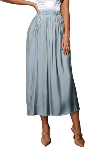 WDIRARA Women's Elastic Waist High Rise Pleated Skirt Shiny Sparkle Midi Skirt