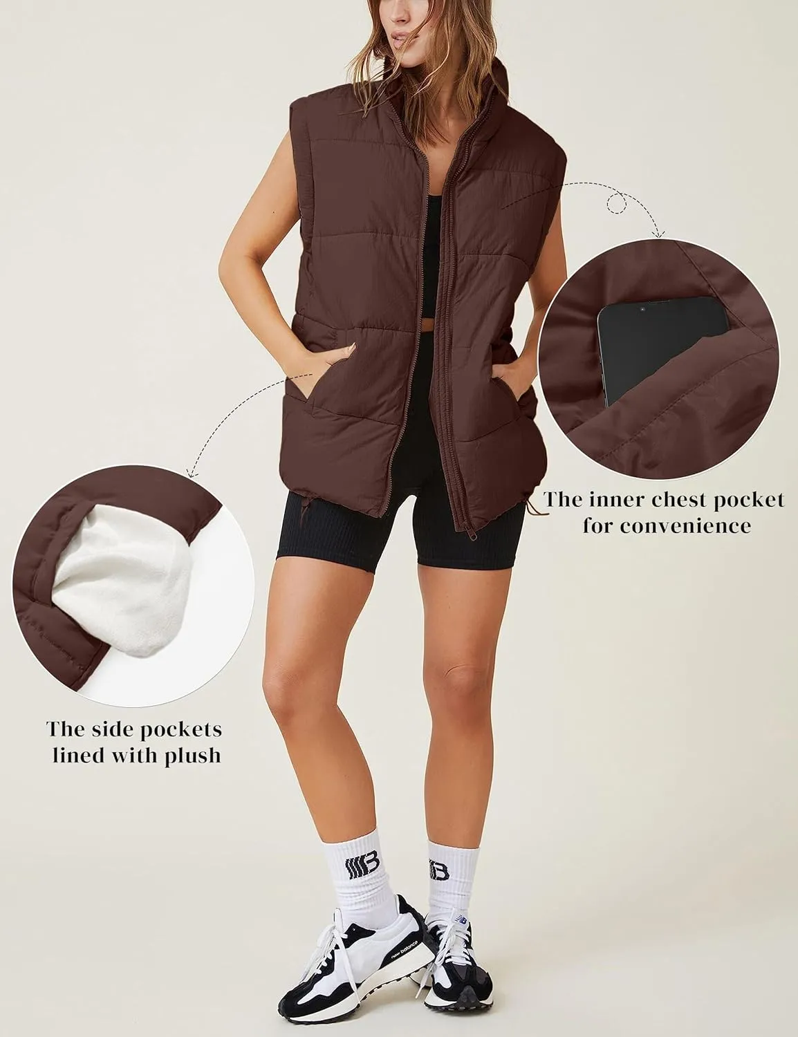 WHN Women's Oversized Puffer Vest Sleeveless Padded Jacket Coat Zip Up Winter Warm Outerwear