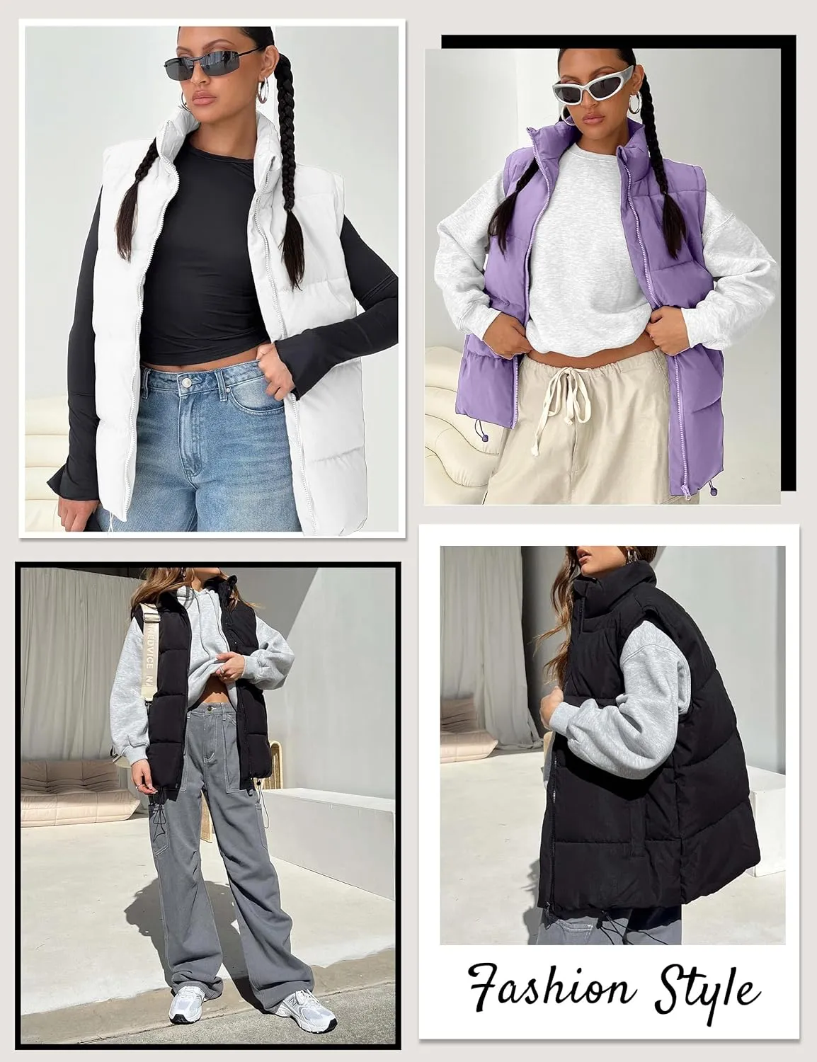 WHN Women's Oversized Puffer Vest Sleeveless Padded Jacket Coat Zip Up Winter Warm Outerwear