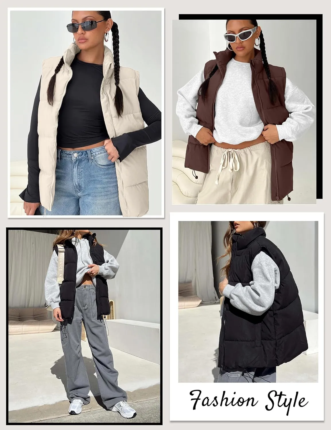 WHN Women's Oversized Puffer Vest Sleeveless Padded Jacket Coat Zip Up Winter Warm Outerwear