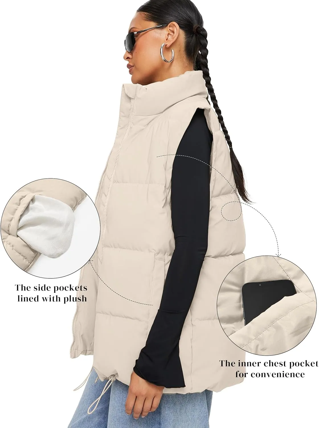 WHN Women's Oversized Puffer Vest Sleeveless Padded Jacket Coat Zip Up Winter Warm Outerwear