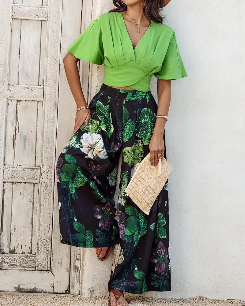 Women 2 Piece Summer Vacation Outfits V Neck Short Sleeve Ruched Top Floral Wide Leg Pants Two Piece Sets