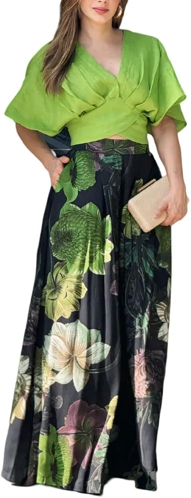 Women 2 Piece Summer Vacation Outfits V Neck Short Sleeve Ruched Top Floral Wide Leg Pants Two Piece Sets