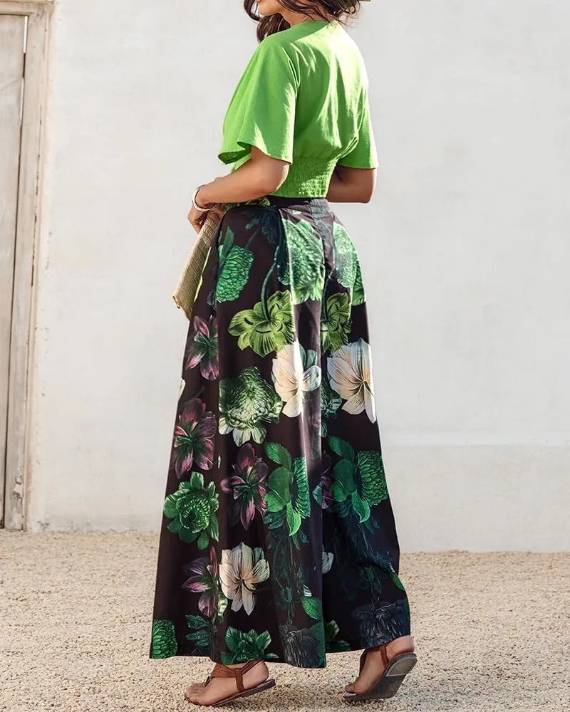 Women 2 Piece Summer Vacation Outfits V Neck Short Sleeve Ruched Top Floral Wide Leg Pants Two Piece Sets