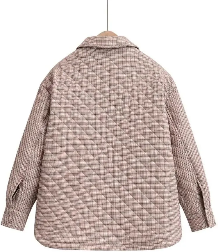 Women Autumn Winter Plaid Print Jacket Loose Thin Small Cotton-Padded Jacket Parka Coat