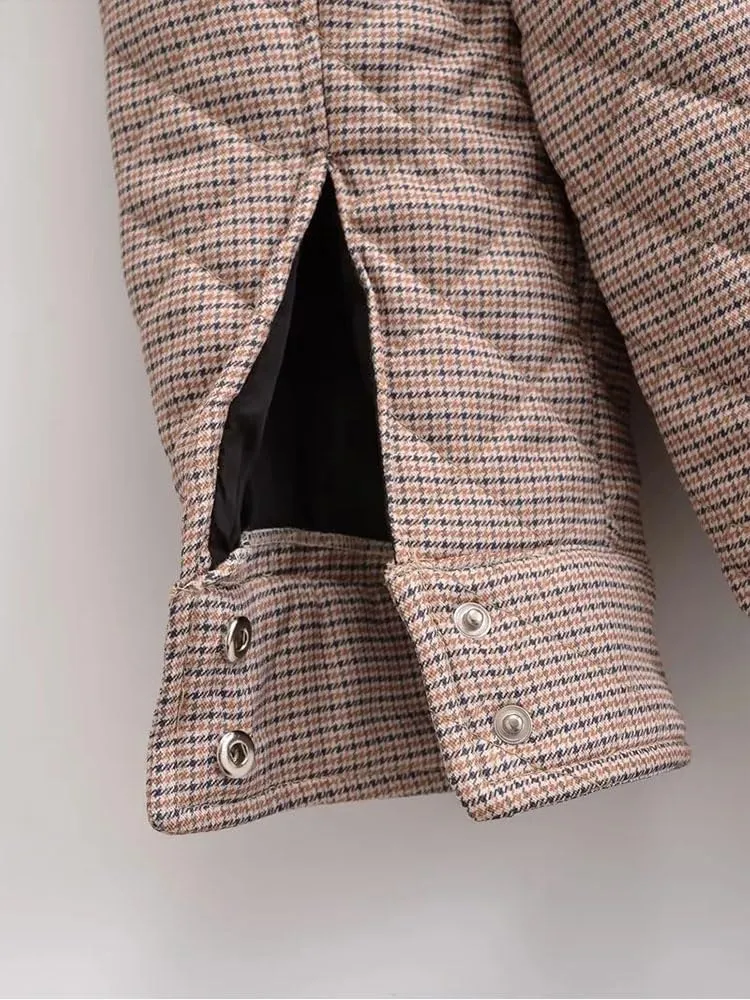 Women Autumn Winter Plaid Print Jacket Loose Thin Small Cotton-Padded Jacket Parka Coat