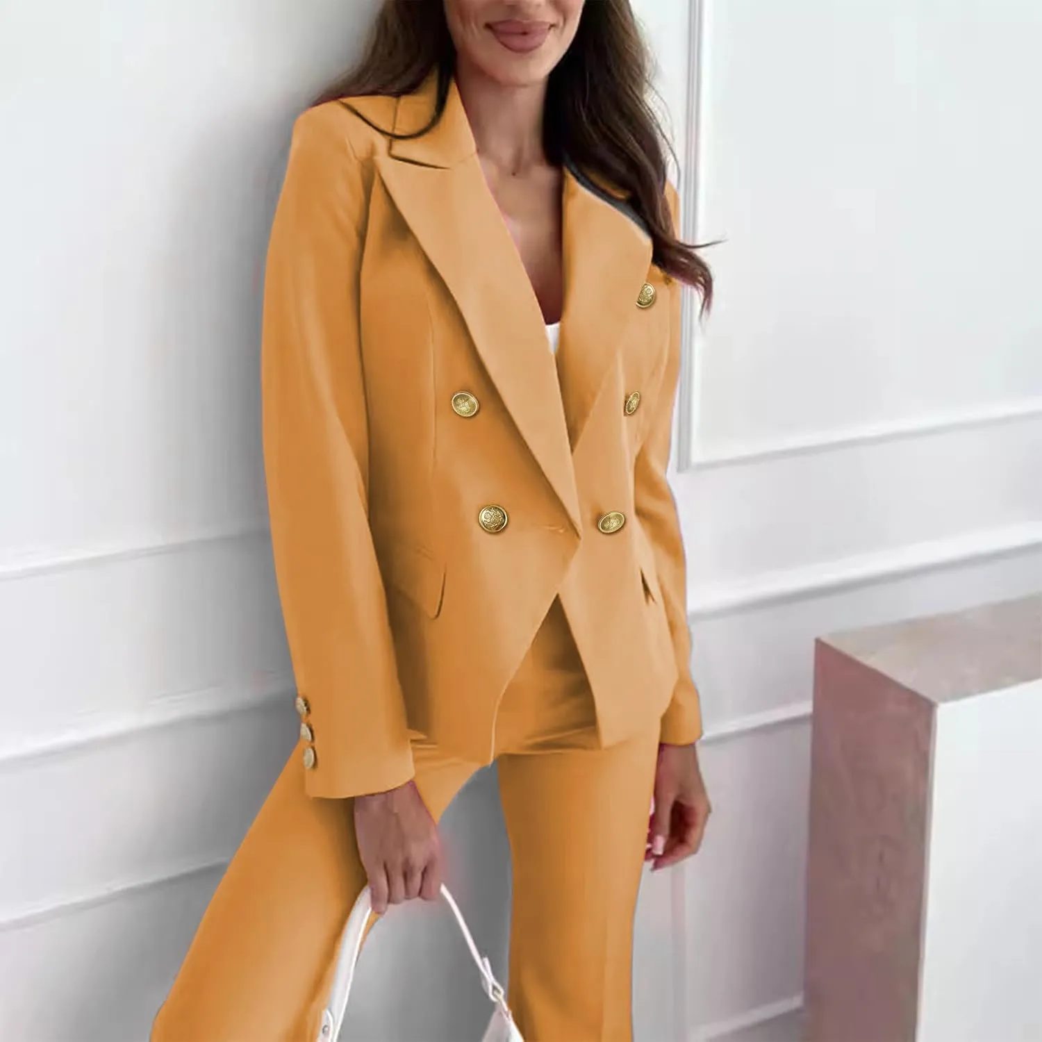 Women Blazer Suit Jacket Double Breasted Button Down Long Sleeves Blazers