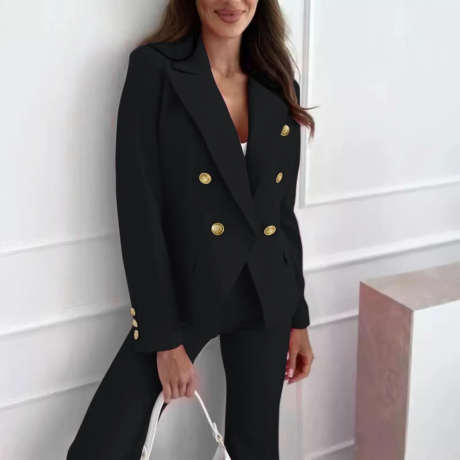 Women Blazer Suit Jacket Double Breasted Button Down Long Sleeves Blazers