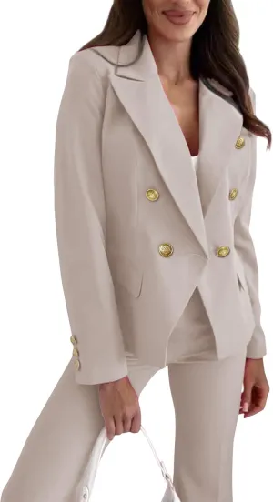 Women Blazer Suit Jacket Double Breasted Button Down Long Sleeves Blazers