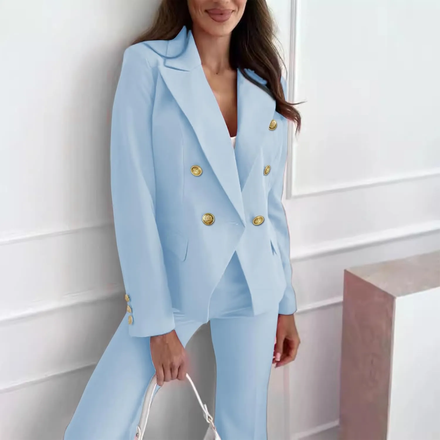 Women Blazer Suit Jacket Double Breasted Button Down Long Sleeves Blazers