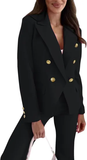 Women Blazer Suit Jacket Double Breasted Button Down Long Sleeves Blazers