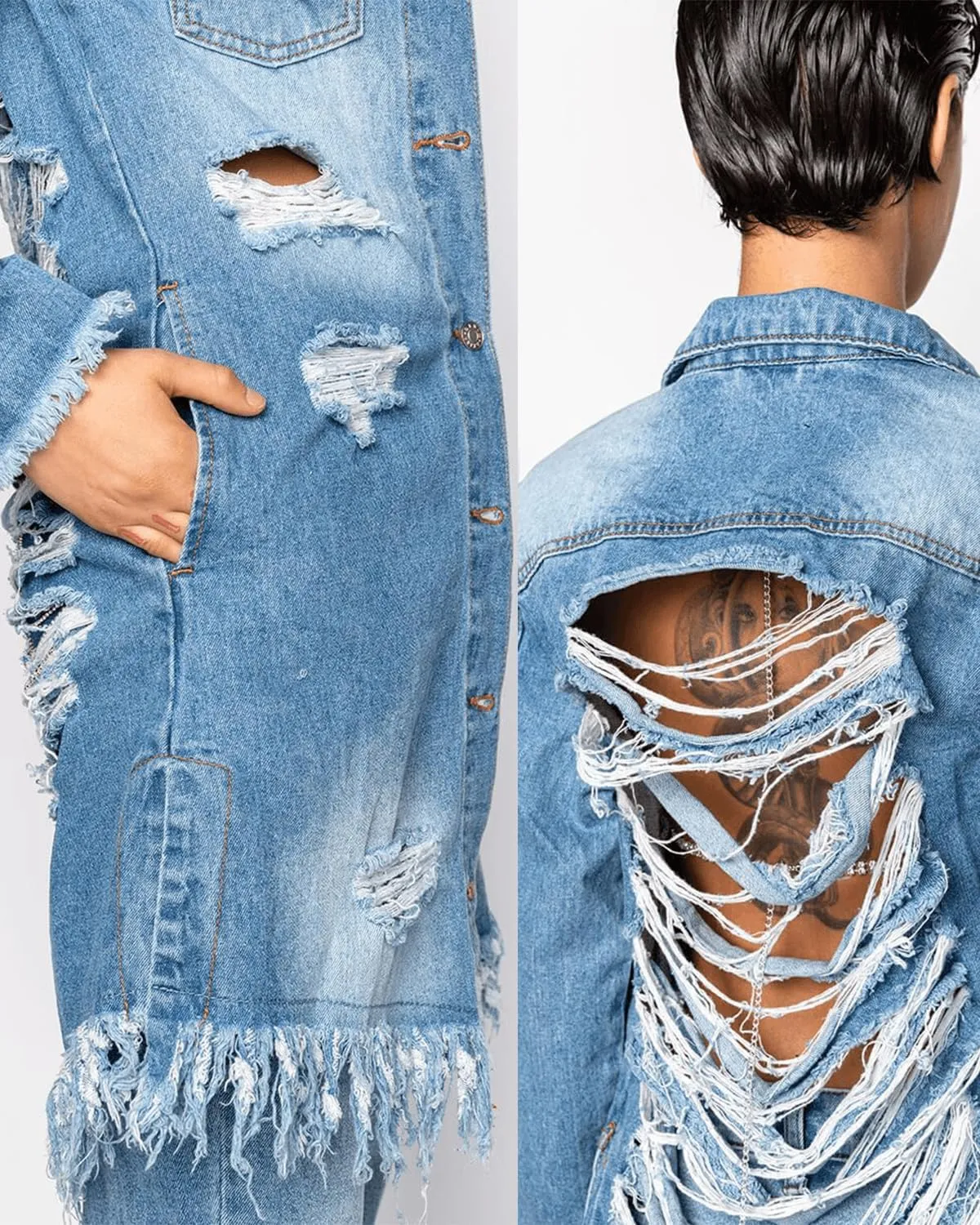 Women Distressed Raw Hem High Low Tassel Boyfriend Maxi Long Denim Jacket Ripped Long Sleeve Trench Jean Coat