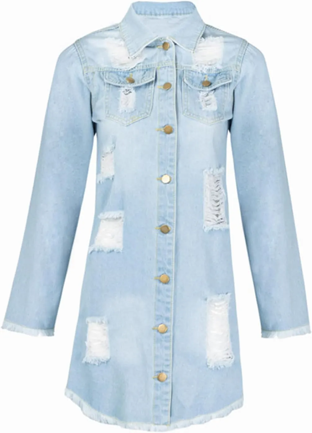 Women Distressed Raw Hem High Low Tassel Boyfriend Maxi Long Denim Jacket Ripped Long Sleeve Trench Jean Coat