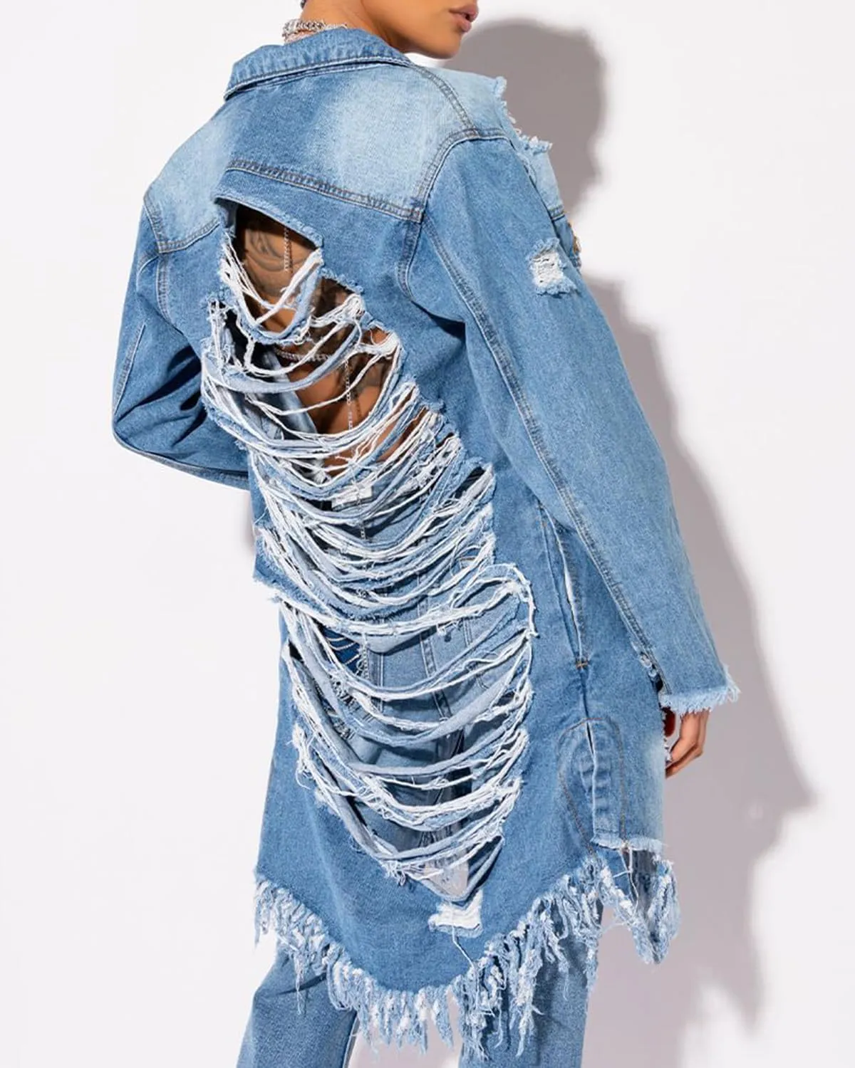 Women Distressed Raw Hem High Low Tassel Boyfriend Maxi Long Denim Jacket Ripped Long Sleeve Trench Jean Coat