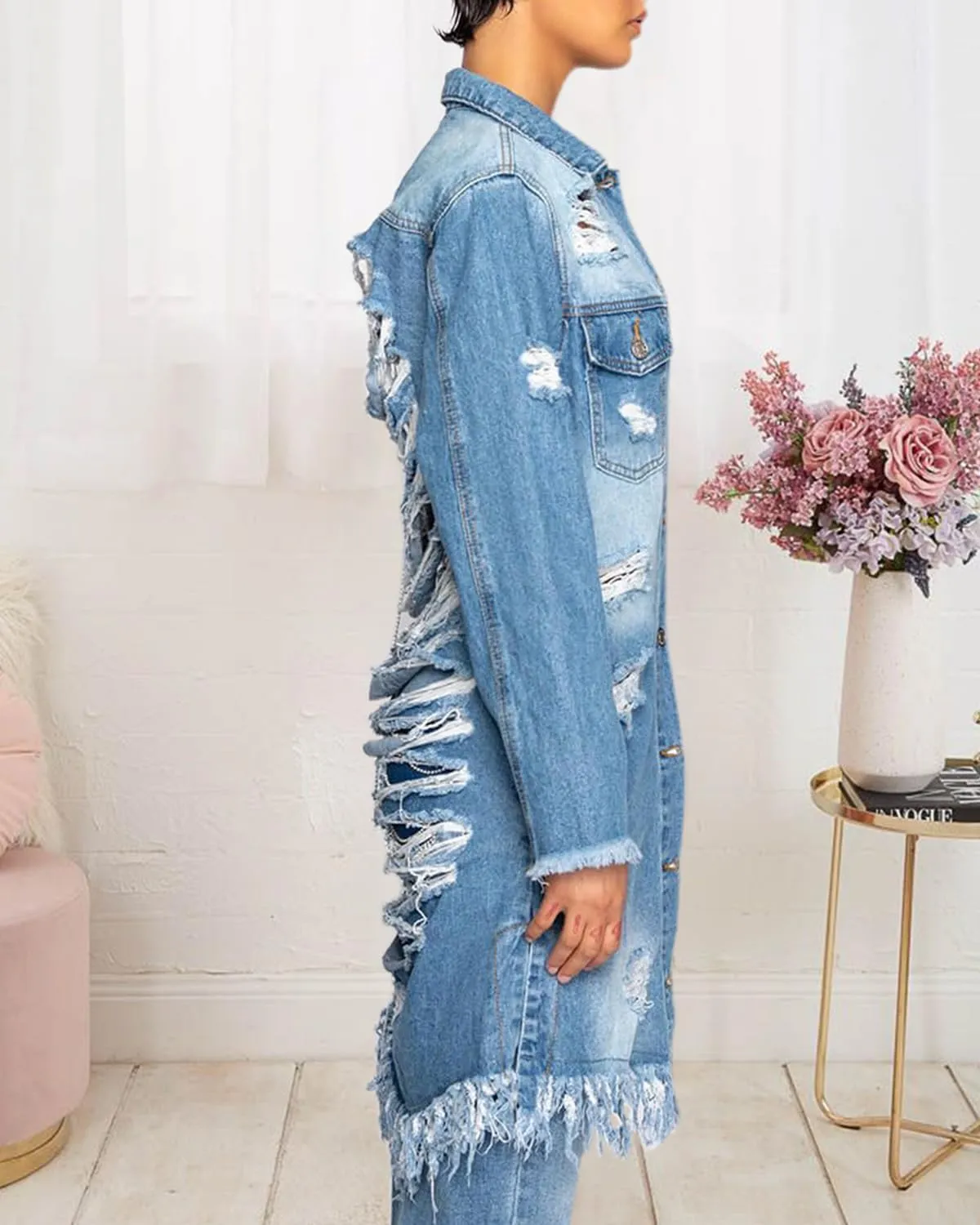 Women Distressed Raw Hem High Low Tassel Boyfriend Maxi Long Denim Jacket Ripped Long Sleeve Trench Jean Coat