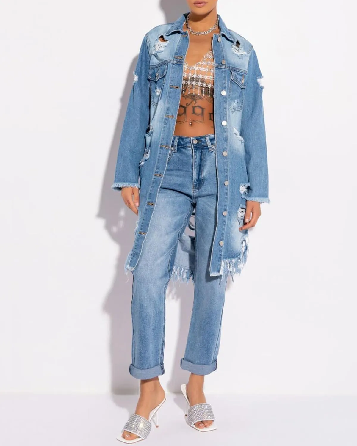 Women Distressed Raw Hem High Low Tassel Boyfriend Maxi Long Denim Jacket Ripped Long Sleeve Trench Jean Coat