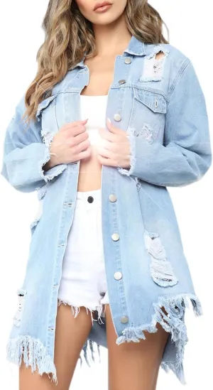 Women Distressed Raw Hem High Low Tassel Boyfriend Maxi Long Denim Jacket Ripped Long Sleeve Trench Jean Coat