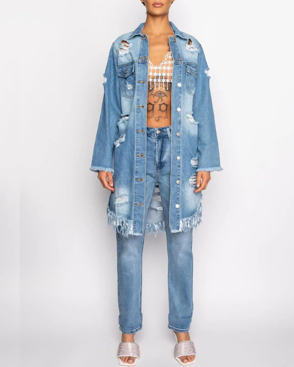 Women Distressed Raw Hem High Low Tassel Boyfriend Maxi Long Denim Jacket Ripped Long Sleeve Trench Jean Coat