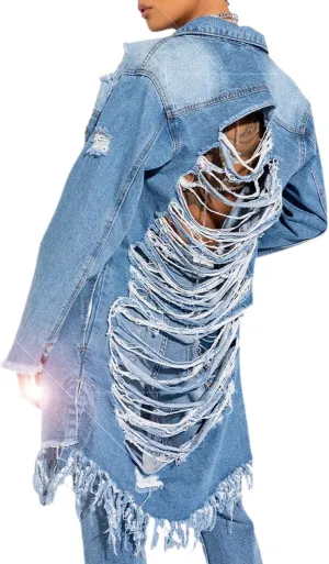 Women Distressed Raw Hem High Low Tassel Boyfriend Maxi Long Denim Jacket Ripped Long Sleeve Trench Jean Coat