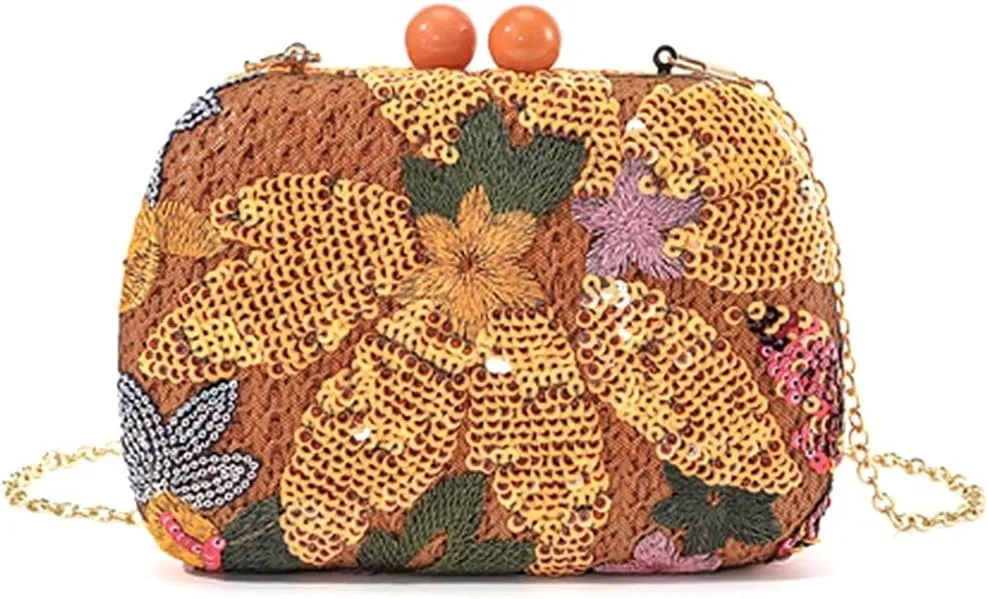 Women Elegant Floral Embroidery Clutch Purse Flower Sequin Purse Formal Evening Handbag for Wedding Party Prom